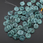 Hand Carved Natural Dark Blue Green Guatemalan Jade Flower 27mm Donut Gemstone Pendant Focal Beads 15.5" Strand