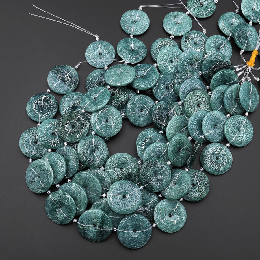 Hand Carved Natural Dark Blue Green Guatemalan Jade Flower 27mm Donut Gemstone Pendant Focal Beads 15.5" Strand