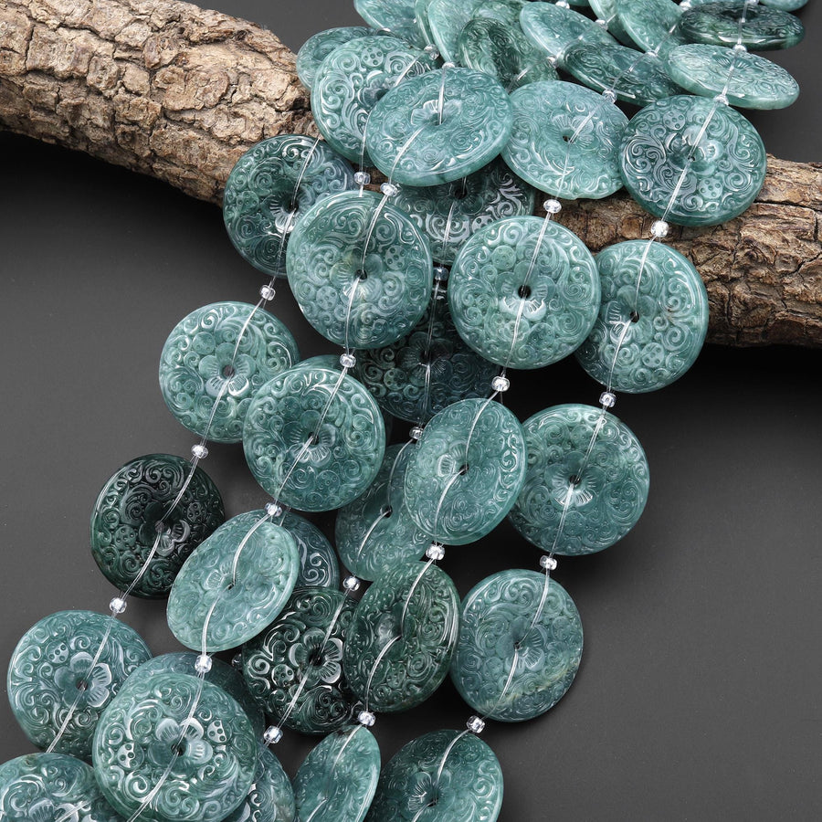 Hand Carved Natural Dark Blue Green Guatemalan Jade Flower 27mm Donut Gemstone Pendant Focal Beads 15.5" Strand