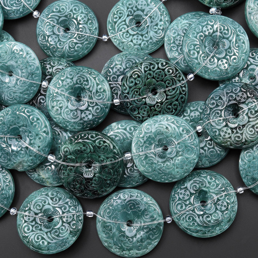 Hand Carved Natural Dark Blue Green Guatemalan Jade Flower 27mm Donut Gemstone Pendant Focal Beads 15.5" Strand