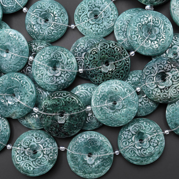 Hand Carved Natural Dark Blue Green Guatemalan Jade Flower 27mm Donut Gemstone Pendant Focal Beads 15.5" Strand