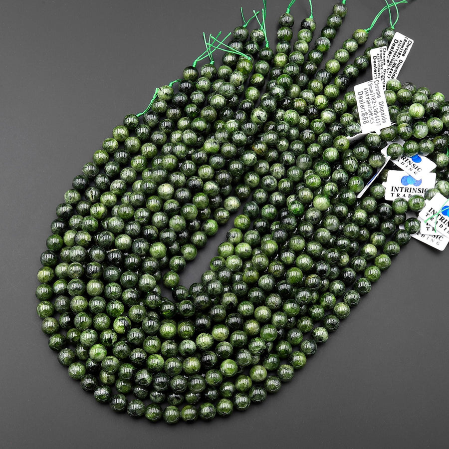 Natural Green Chrome Diopside 8mm Smooth Round Beads Gemstone 15.5" Strand