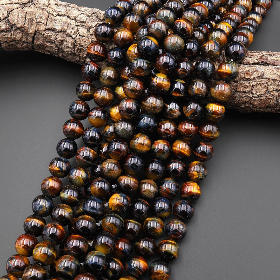 AAA Natural Golden Brown Blue Tiger's Eye Smooth 12mm Round Beads 15.5" Strand