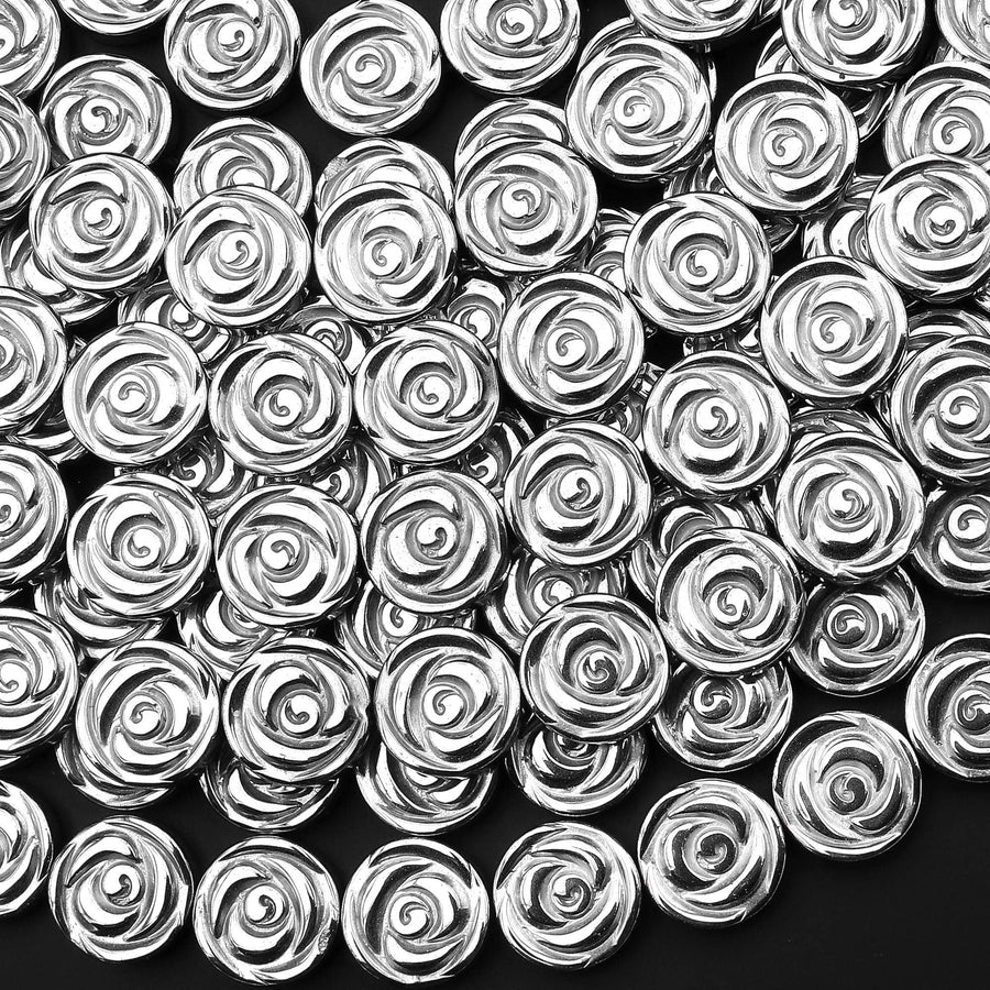 Silver Hematite Carved 12mm Rose Flower Coin Beads 15.5" Strand