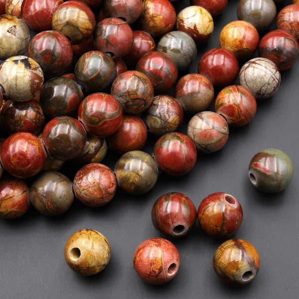 Large Hole Beads 3mm Drill Natural Red Creek Jasper 12mm Round Beads 8" Strand