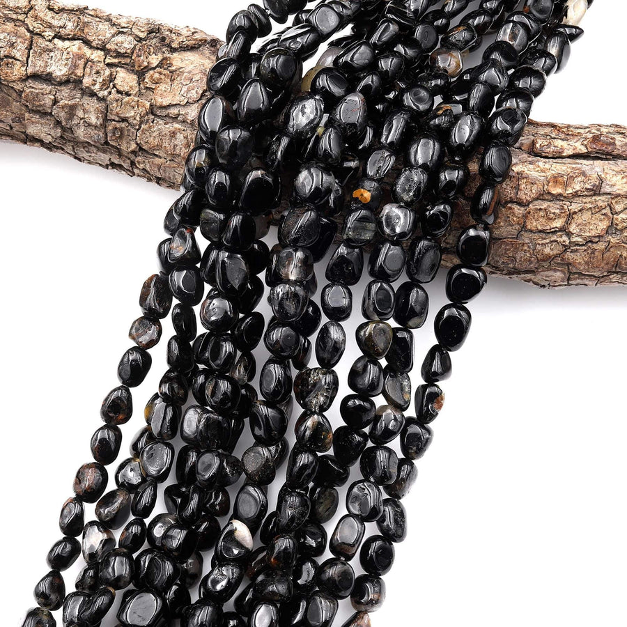 Natural Black Tourmaline Freeform Small Pebble Nugget Beads Gemstone 15.5" Strand