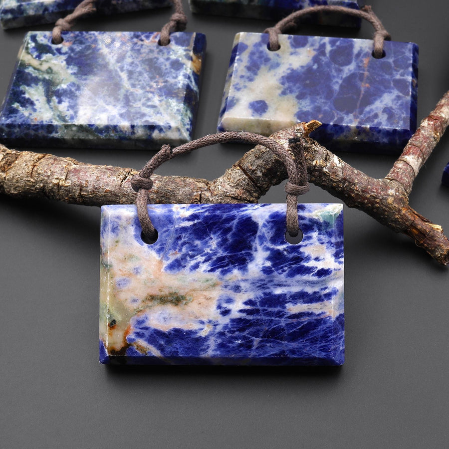 Large 2 Two Hole Natural Blue Sodalite Faceted Rectangle Title Pendant