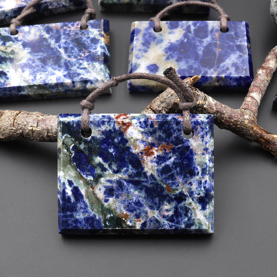 Large 2 Two Hole Natural Blue Sodalite Faceted Rectangle Title Pendant A3