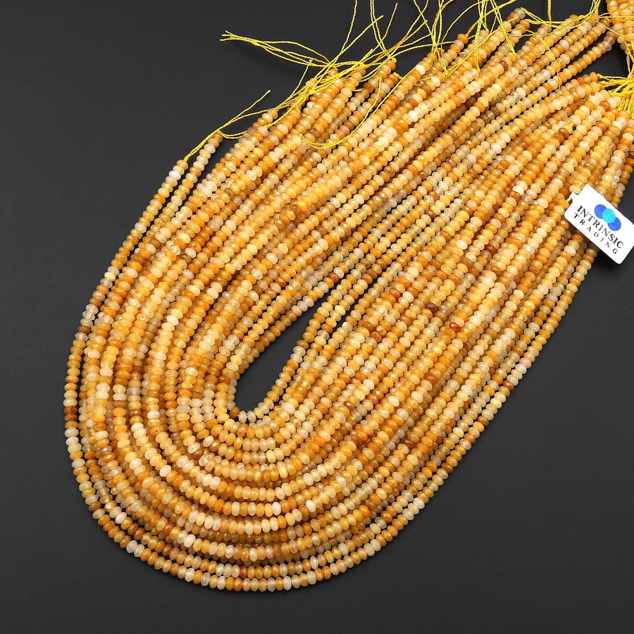 Faceted Natural Yellow Jade 4mm Thin Rondelle Beads Gemstone 15" Strand