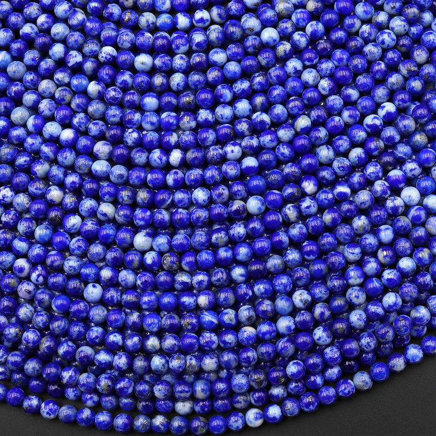 Genuine Natural Blue Lapis 3mm Smooth Round Beads With White Calcite Matrix 15.5" Strand
