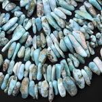 Natural Blue Larimar Freeform Long Chip Nugget Beads Top Side Drilled 15.5" Strand