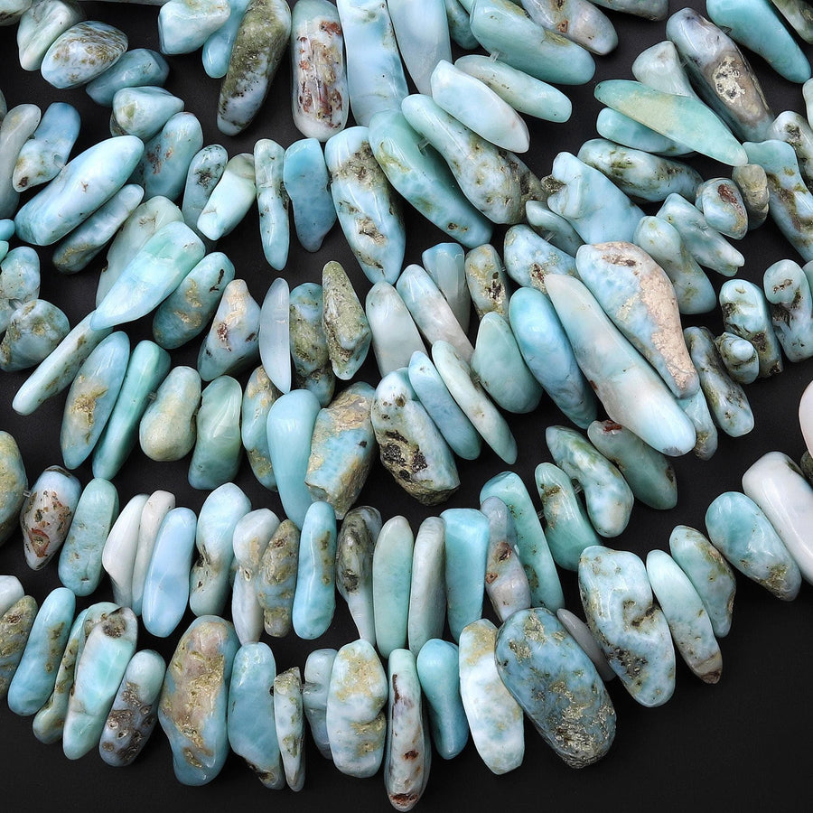 Natural Blue Larimar Freeform Long Chip Nugget Beads Top Side Drilled 15.5" Strand