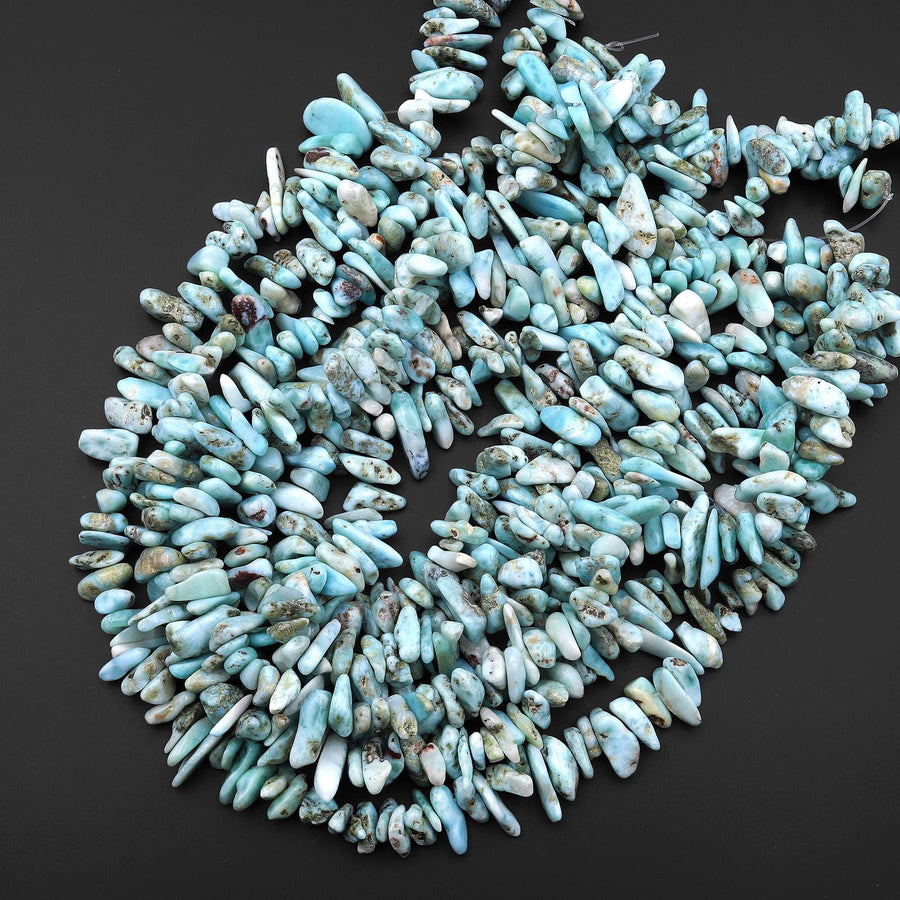 Natural Blue Larimar Freeform Long Chip Nugget Beads Top Side Drilled 15.5" Strand