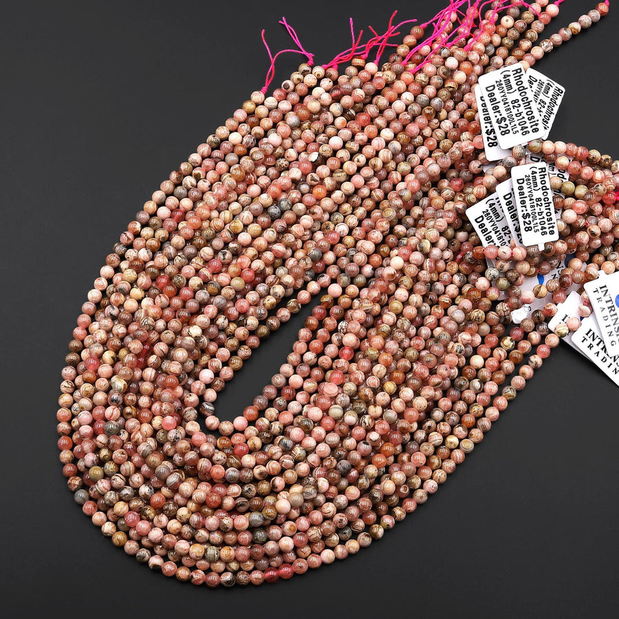 Natural Pink Rhodochrosite 4mm Smooth Round Beads 15.5" Strand