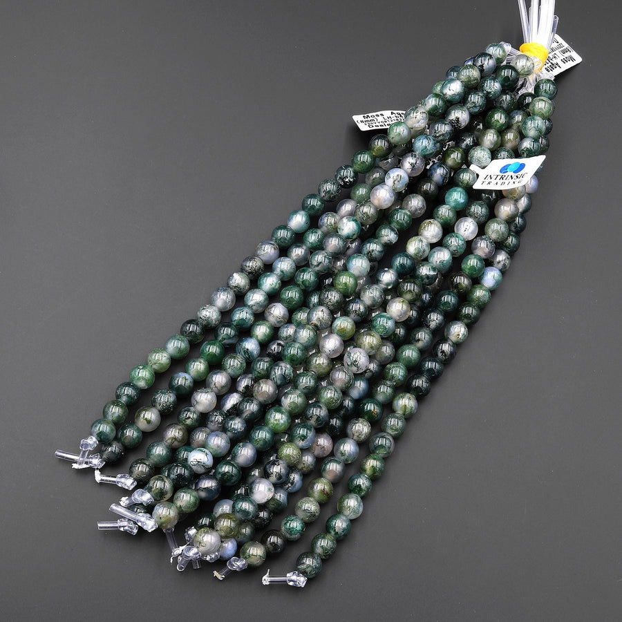 AAA Large Hole Beads 2mm 3mm Drill Natural Green Moss Agate 6mm 8mm 10mm Round Beads 8" Strand