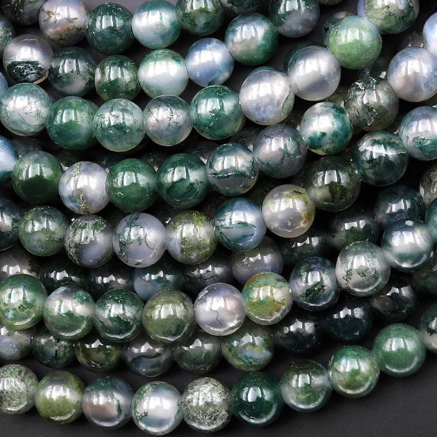 AAA Large Hole Beads 2mm 3mm Drill Natural Green Moss Agate 6mm 8mm 10mm Round Beads 8" Strand