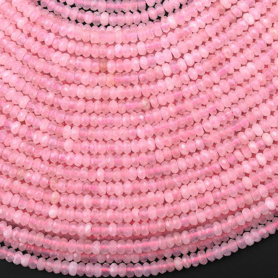 Faceted Natural Pink Rose Quartz 4mm Thin Rondelle Beads Gemstone 15" Strand