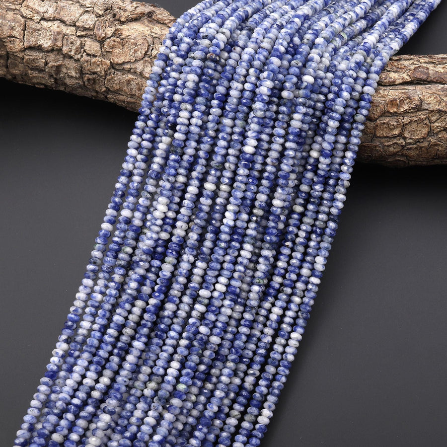 Faceted Natural White Snow Blue Sodalite 4mm Thin Rondelle Beads Gemstone 15" Strand