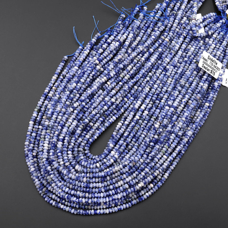 Faceted Natural White Snow Blue Sodalite 4mm Thin Rondelle Beads Gemstone 15" Strand
