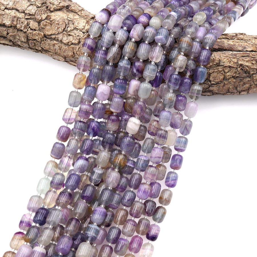 Natural Fluorite Barrel Beads 6x9mm Muted Purple Teal Blue Green Gemstone 15.5" Strand