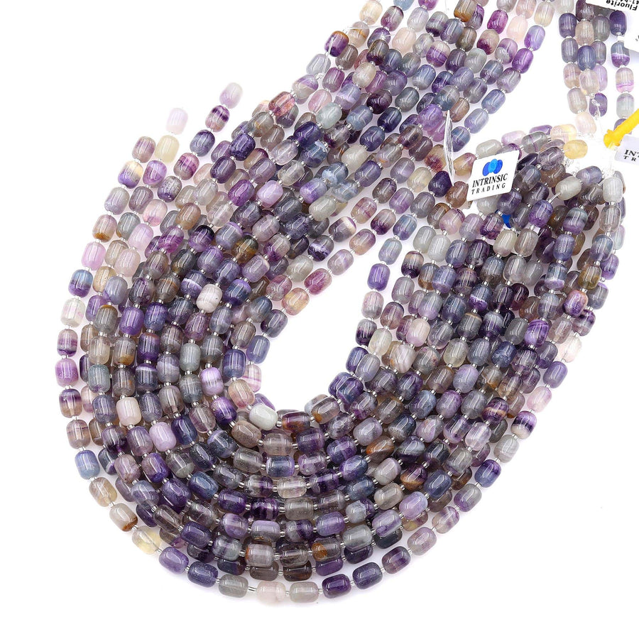 Natural Fluorite Barrel Beads 6x9mm Muted Purple Teal Blue Green Gemstone 15.5" Strand