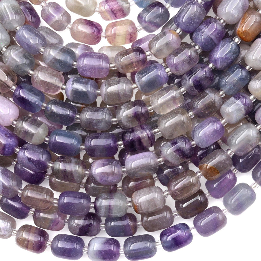 Natural Fluorite Barrel Beads 6x9mm Muted Purple Teal Blue Green Gemstone 15.5" Strand