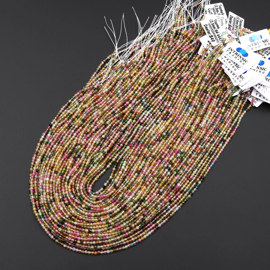 AAA Natural Pink Green Blue Yellow Tourmaline Faceted 2.5mm Round Gemstone Beads 15.5" Strand