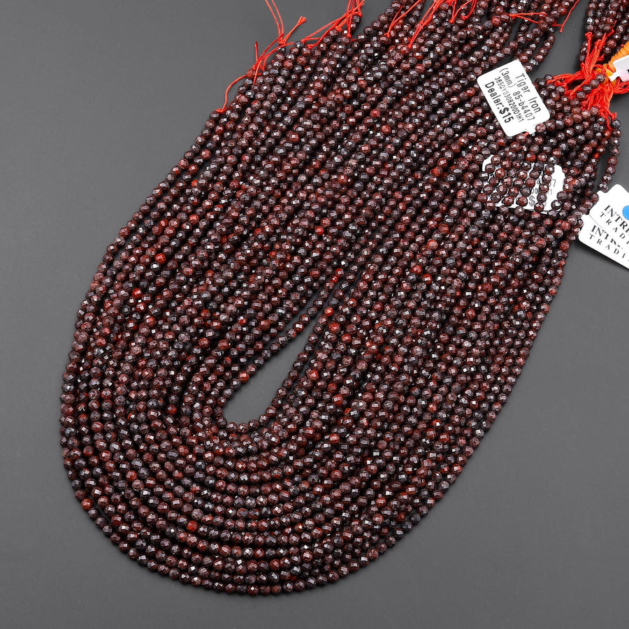 Faceted Natural Red Tiger Iron 3mm Round Beads 15.5" Strand