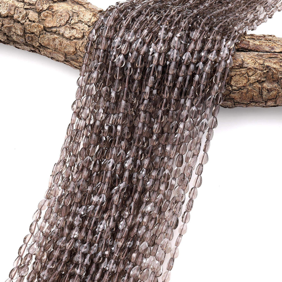 Faceted Natural Smoky Quartz Leaf Teardrop Gemstone Beads 4x6mm 15.5" Strand