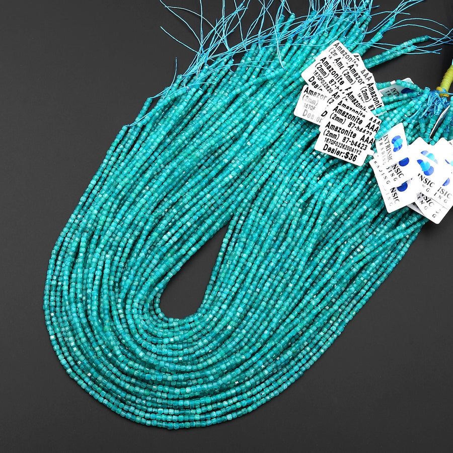 AAA Natural Blue Green Russian Amazonite Faceted Cube Beads 2mm Gemstone 15.5" Strand