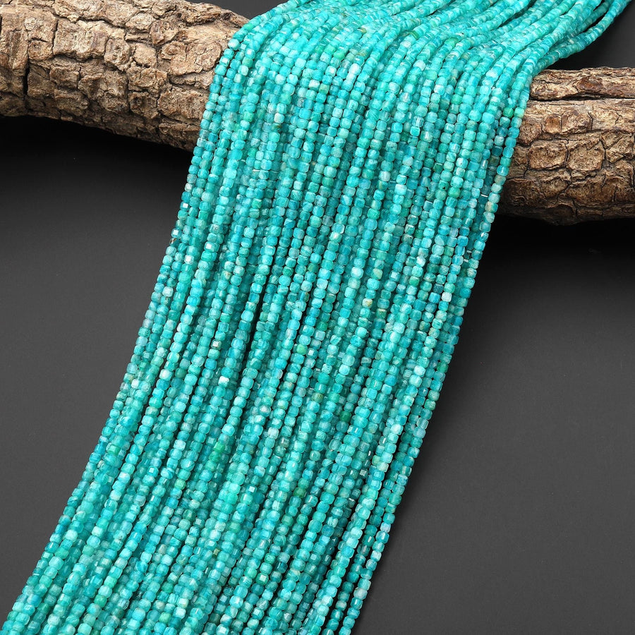 Natural Blue Green Russian Amazonite Faceted 2mm Cube Beads 15.5" Strand