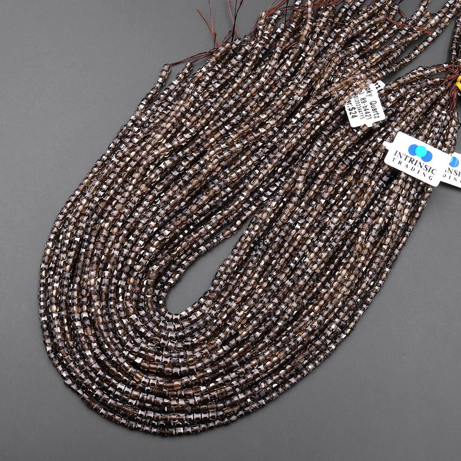 AAA Faceted Natural Smoky Quartz Cube Beads 3mm Laser Diamond Cut Gemstone 15.5" Strand