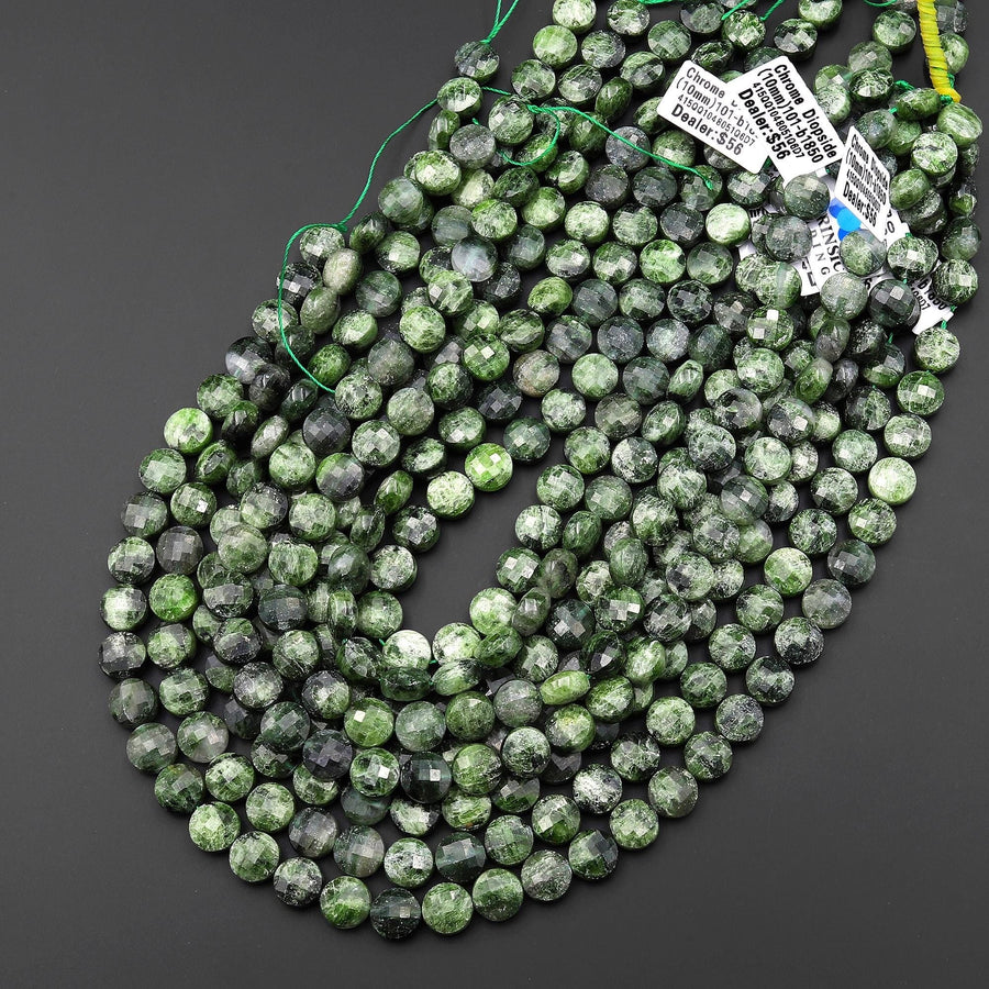 Natural Green Chrome Diopside Faceted 10mm Coin Gemstone Beads 15.5" Strand