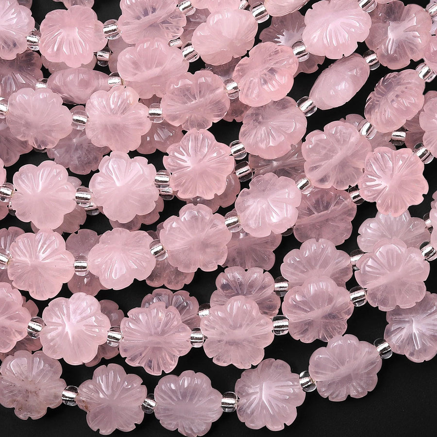 Natural Pink Rose Quartz Hand Carved Cherry Blossom Flower Gemstone Beads 10mm 7.5" Strand