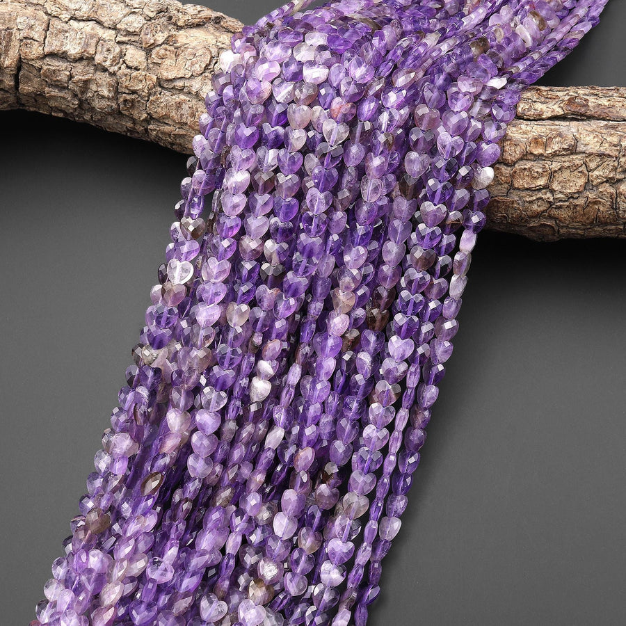 Natural Purple Amethyst Faceted Heart Beads 6mm Center Drilled Gemstone 15.5" Strand