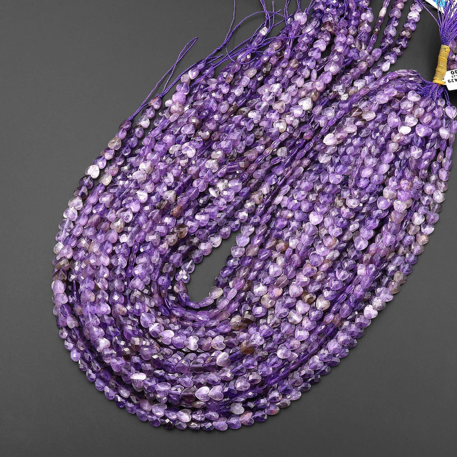 Natural Purple Amethyst Faceted Heart Beads 6mm Center Drilled Gemstone 15.5" Strand
