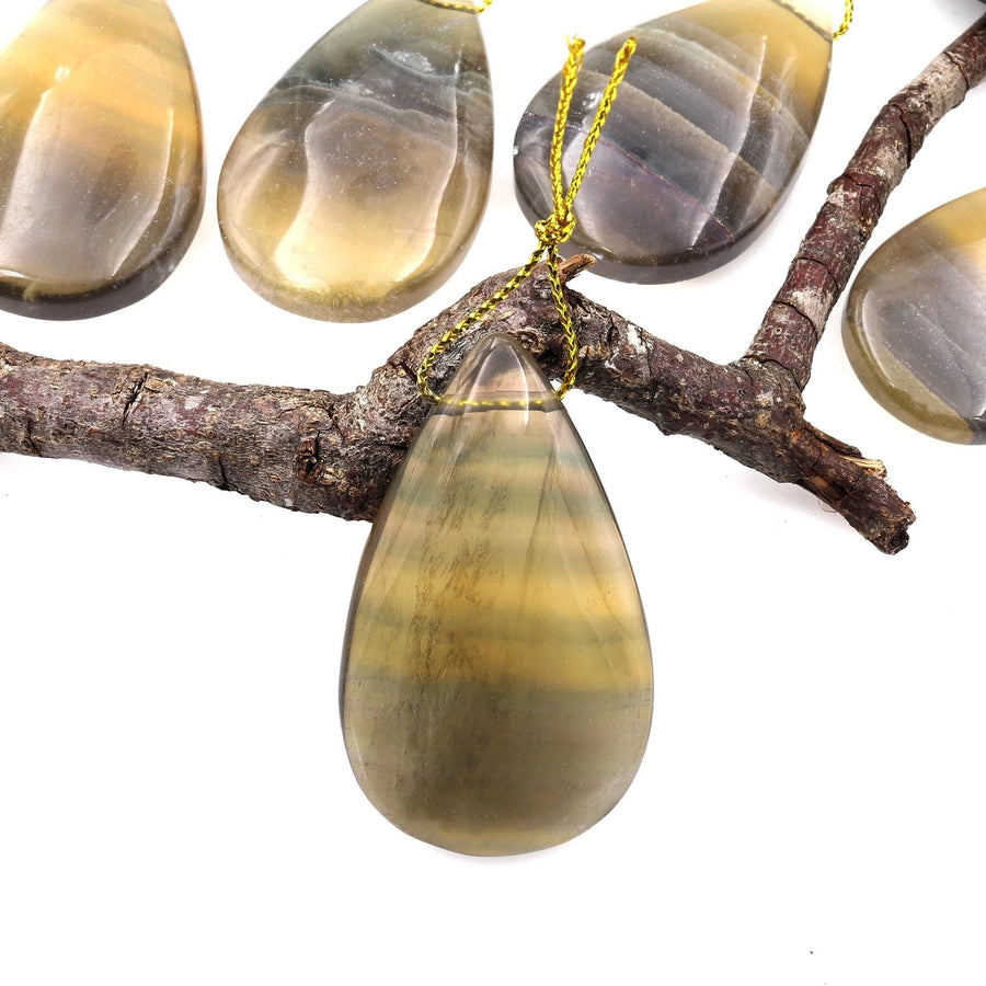 Natural Honey Amber Banded Fluorite Teardrop Pendant Top Side Drilled Gemstone A3