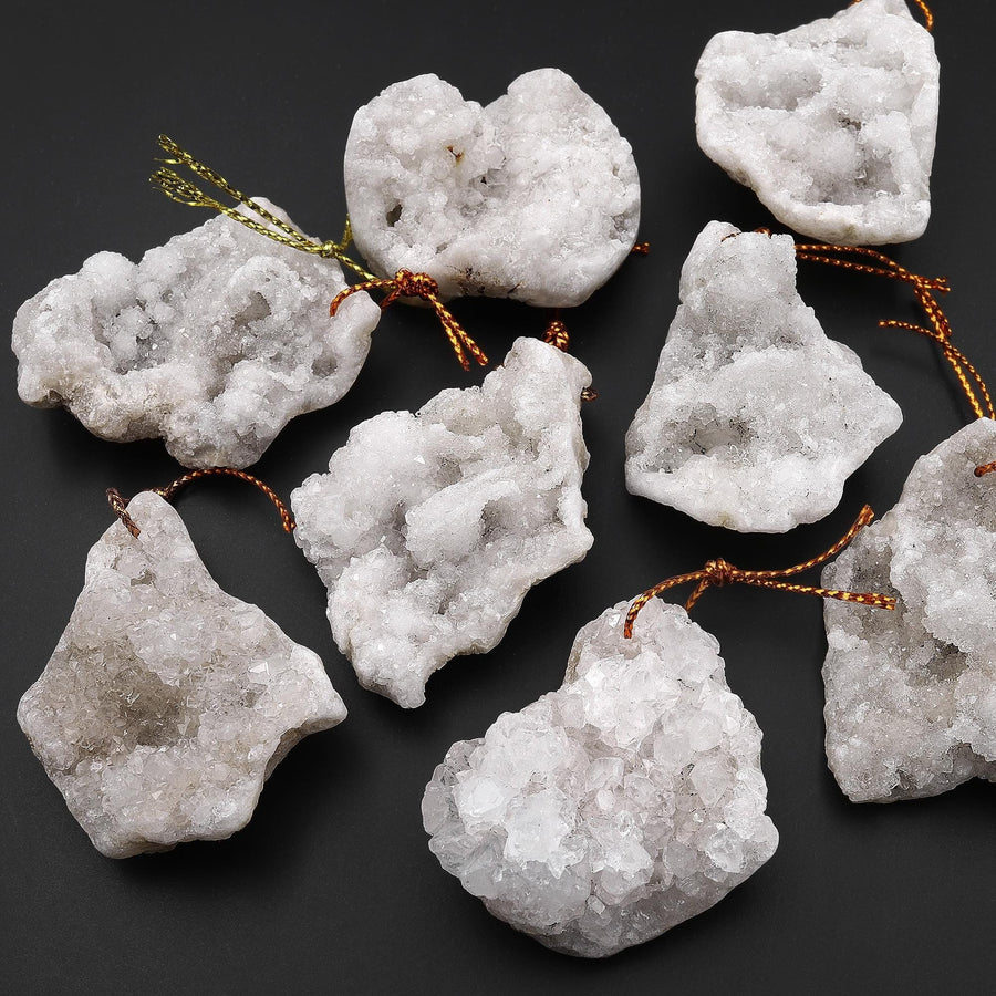 Natural Freeform White Agate Druzy Drusy Geode Slice Beads Sparkling Natural Crystal Gemstone