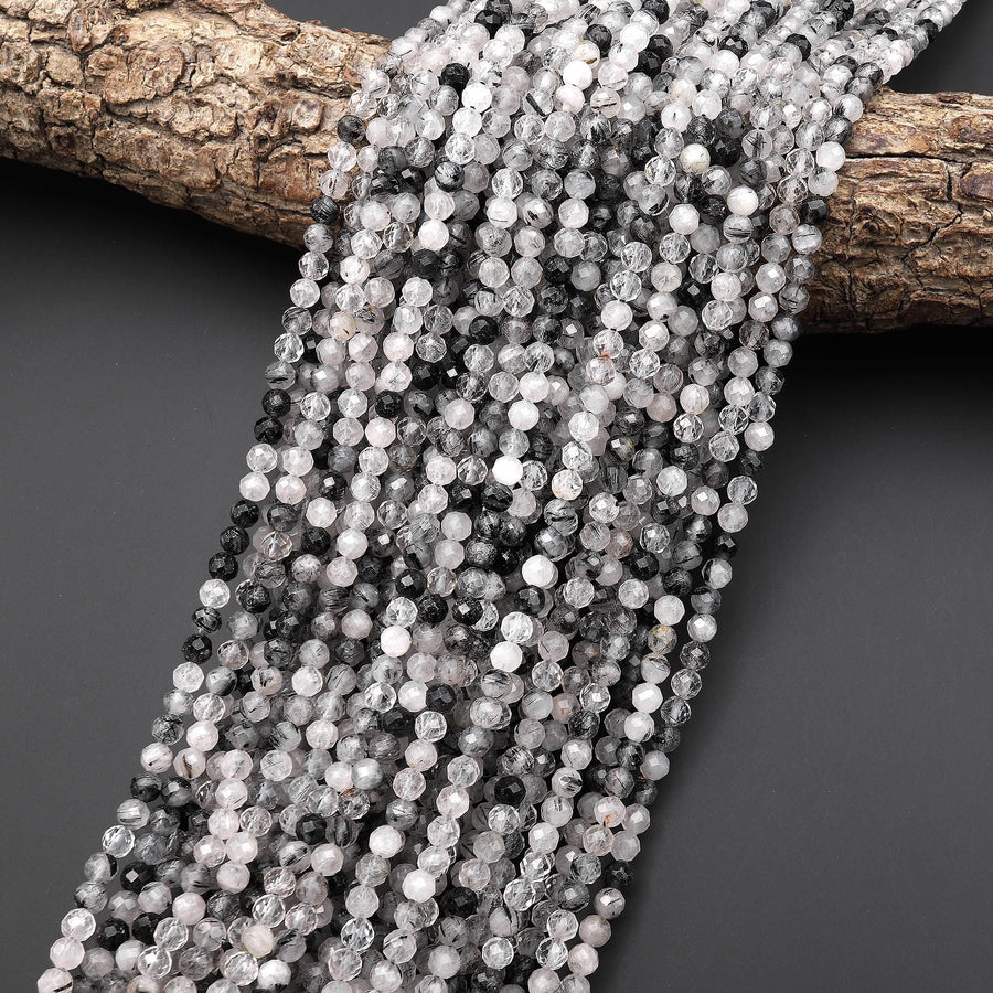 Faceted Natural Black Tourmaline Rutilated Quartz 3mm 4mm Round Beads Micro Cut Gemstone 15.5" Strand