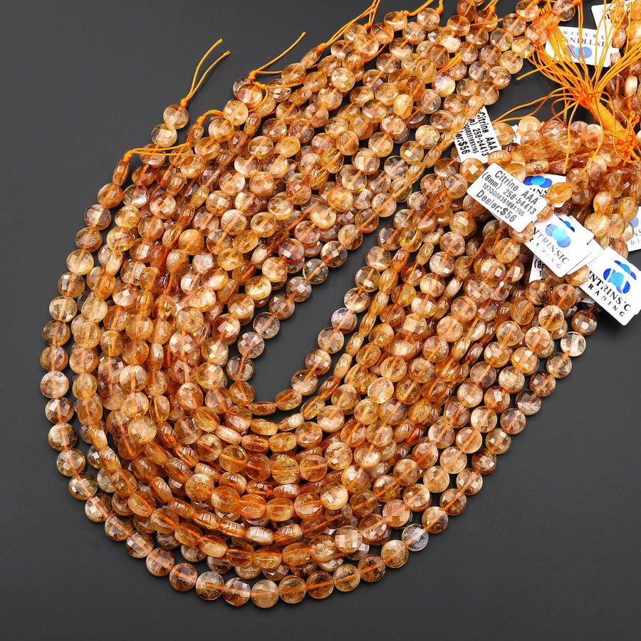 AAA Faceted Natural Honey Golden Yellow Citrine 8mm Coin Beads Gemstone Beads 15.5" Strand
