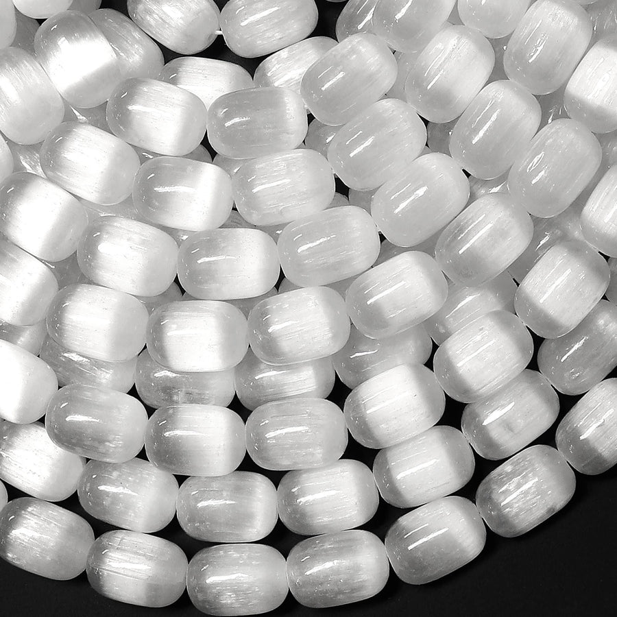 AAA Genuine Natural Cat's Eye Selenite Smooth Barrel Beads 6x9mm 8x12mm 15.5" Strand