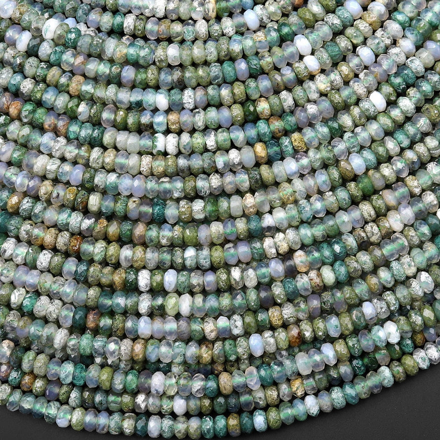 Faceted Natural Green Moss Agate 4mm Thin Rondelle Beads Gemstone 15" Strand