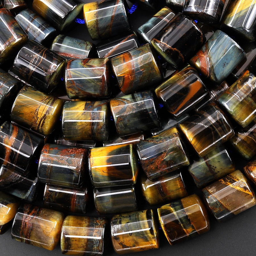 AAA Natural Golden Brown Blue Tiger's Eye Smooth Barrel Beads 15.5" Strand