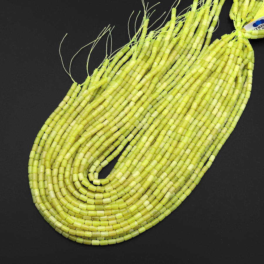 Natural Lemon Yellow Chartreuse Jade Smooth Barrel Tube Beads 4x6mm 15.5" Strand