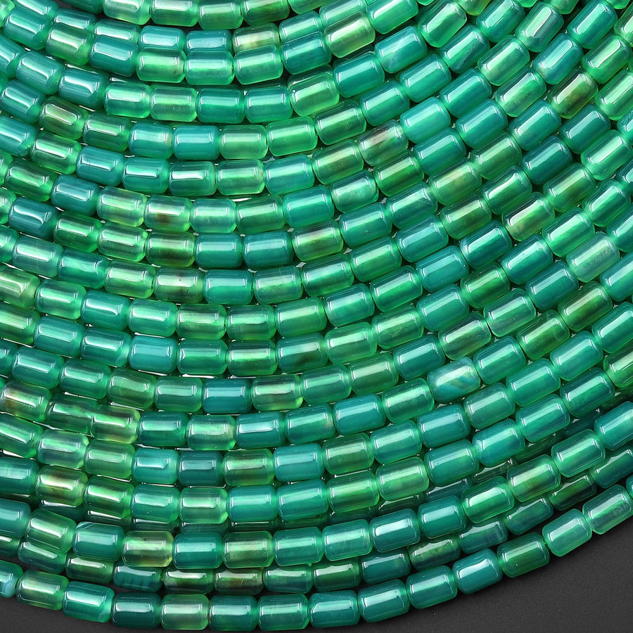 Emerald Green Agate Smooth Barrel Tube Beads 4x6mm 15.5" Strand