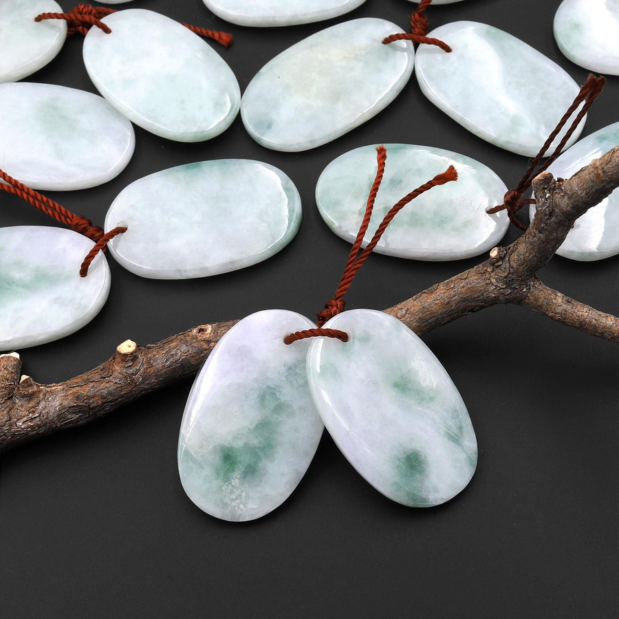 Genuine Natural Green Burma Jade Smooth Oval Earring Pair Drilled Gemstone Matched Beads A1