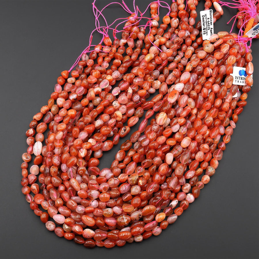 Natural Orange Red Moroccan Agate Freeform Pebble Nugget Beads Translucent Gemstone 15.5" Strand