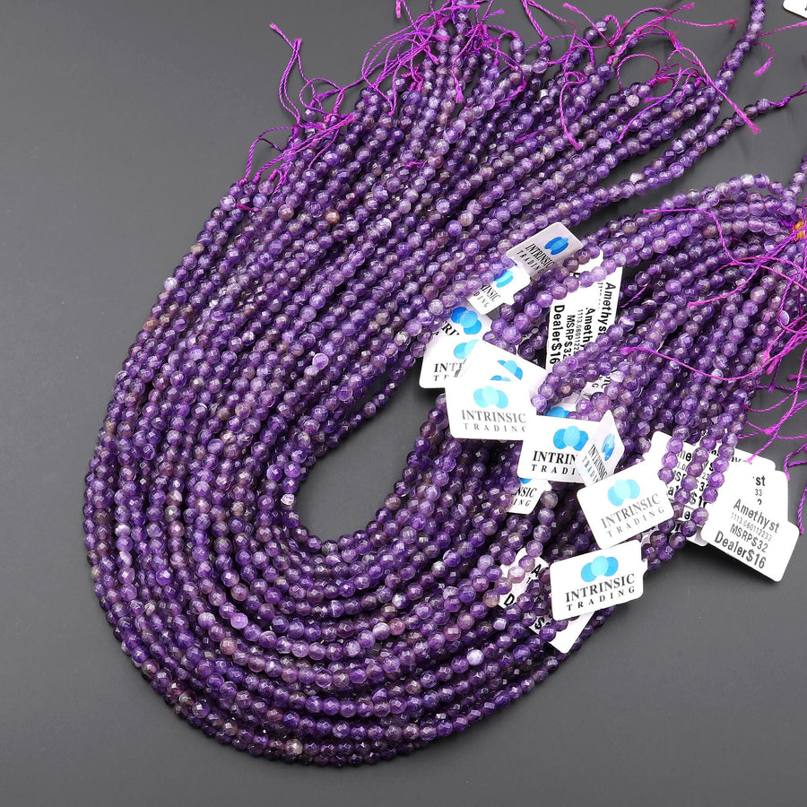 Faceted Natural Amethyst 4mm Round Beads 15.5" Strand