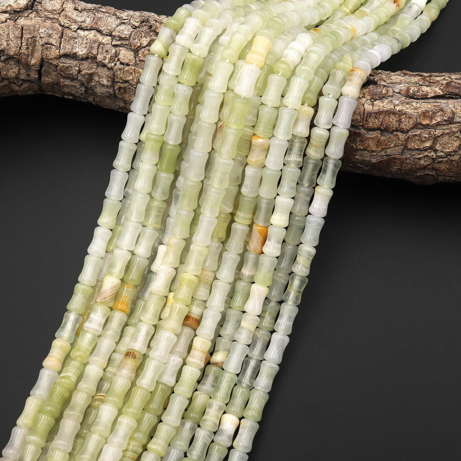 AAA Natural Green Calcite Carved Bamboo Stem Tube Beads Aka Afghanistan Jade 15.5" Strand