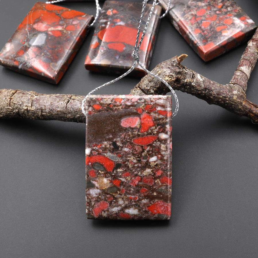 Natural Red Brecciated Blood Jasper Rectangle Pendant Side Drilled A3